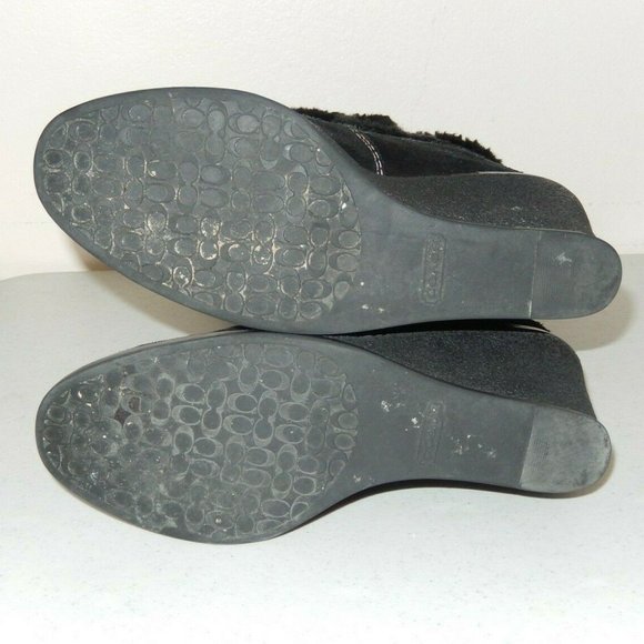 Coach Boots 6 Jordana Black Suede Signature Logo Shearling Trim Wedge Side Zip - Picture 10 of 11